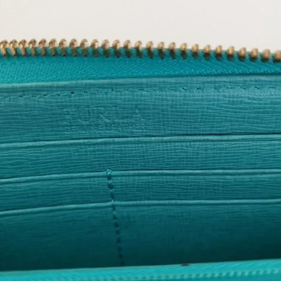 Furla Italian Zip Around Wallet Large Geniue Leather Tiffany Blue Designer Logo - Picture 5 of 10